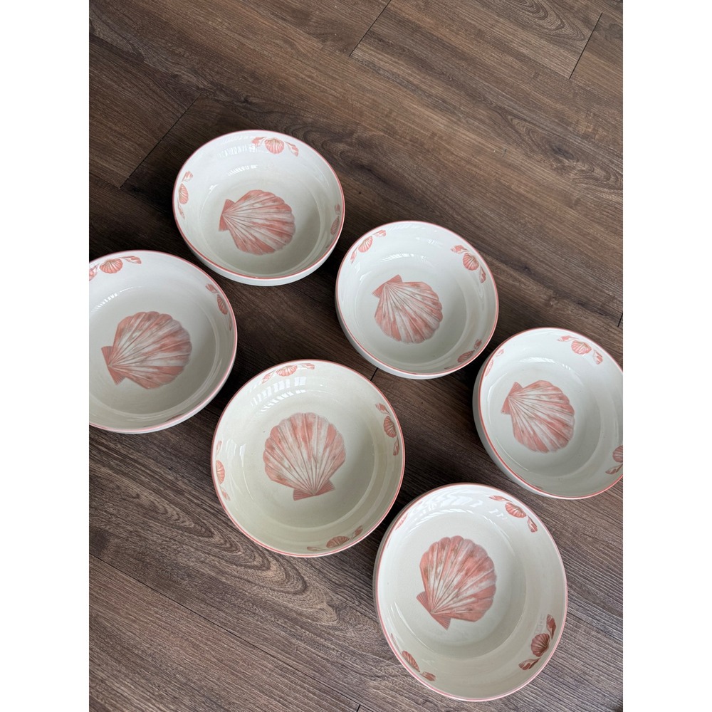 Vintage SangoStone Coquille 3664 Bowls Set of 6 Pink Seashell Coastal Stoneware